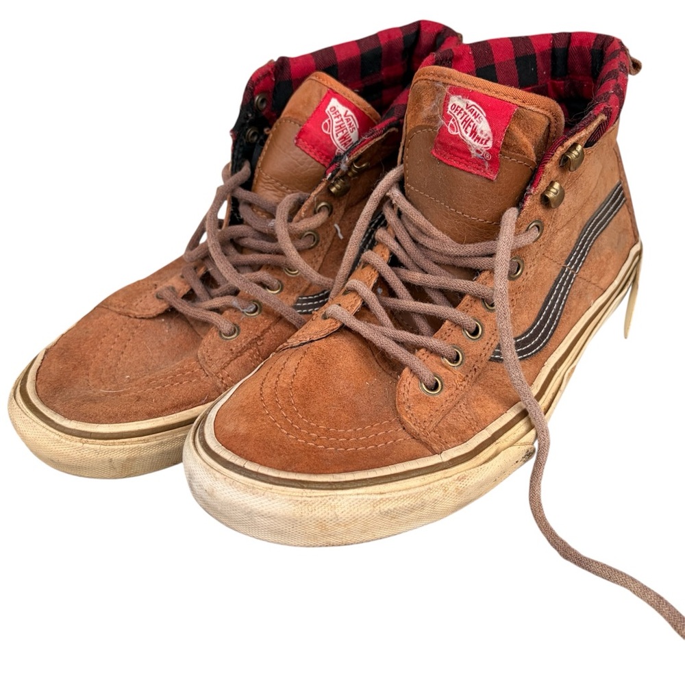 Vans Brown Suede High-Top Sneakers with Red Plaid Lining